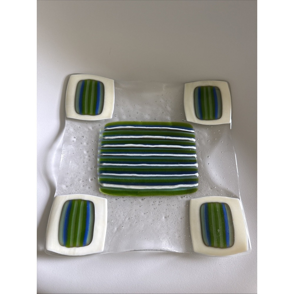 handcrafted‎ fused glass plate blue green white striped Wavy Edge 10.5"